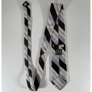 Ike‎ Behar New York Mens Striped Necktie, Brown Blue Silver Diagonal Stripe Tie